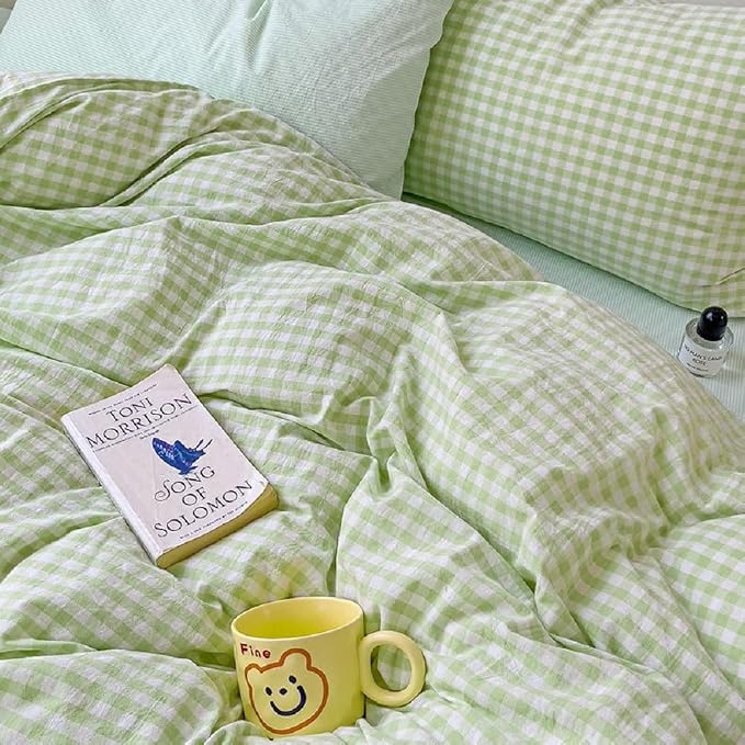 LifeTB Queen Comforter Set Green Gingham Bedding Comforter Set 3 Pieces Brown Grid Bed Comforter with 2 Pillowcases Vintage Checkered Plaid Comforter Fluffy Soft Farmhouse Grid Bedding Set