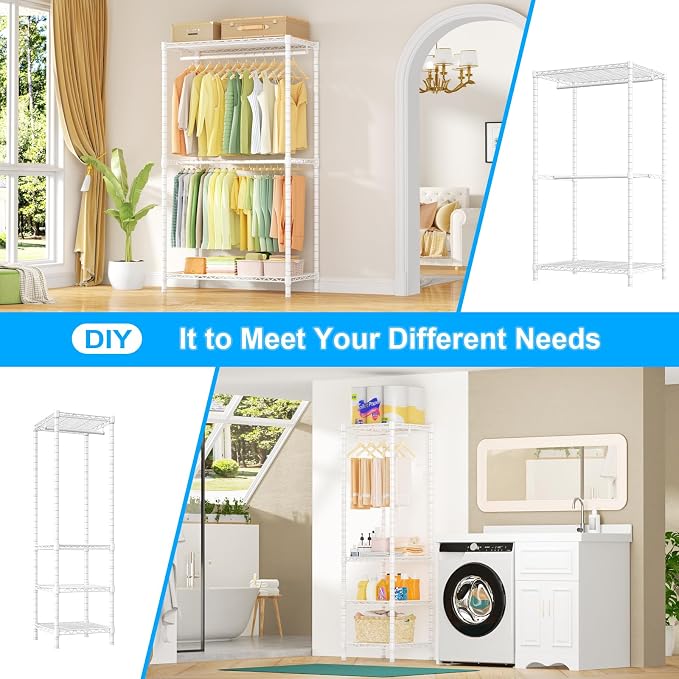 E10 Clothes Rack(With Stretchable Hanger Rod)Freestanding Clothing Racks for Hanging Clothes,Adjustable Closet Organizer System,Portable Garment Rack 73-97"W x 15" D x 72" H,Max Load 800LBS,White