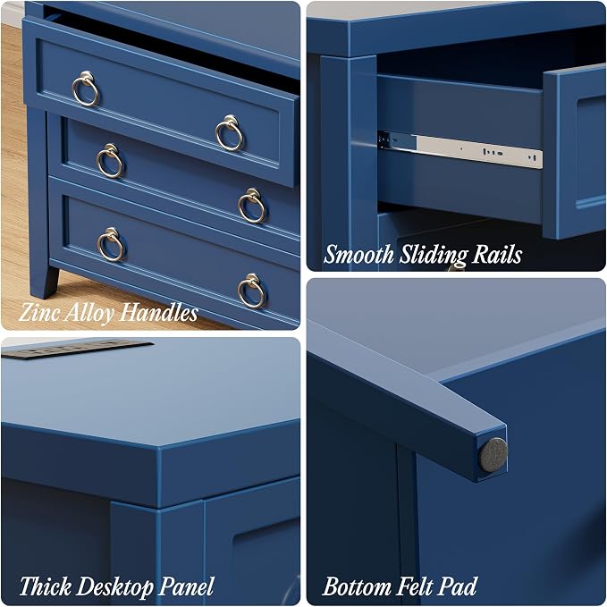 Huuger Paint Night Stand with Charger Station, 3 Drawer Nightstand Set of 2 | Larger Wider Bedside Table with USB-C Port, Modern End Table, for Bedroom, Living Room, Blue Nightstand
