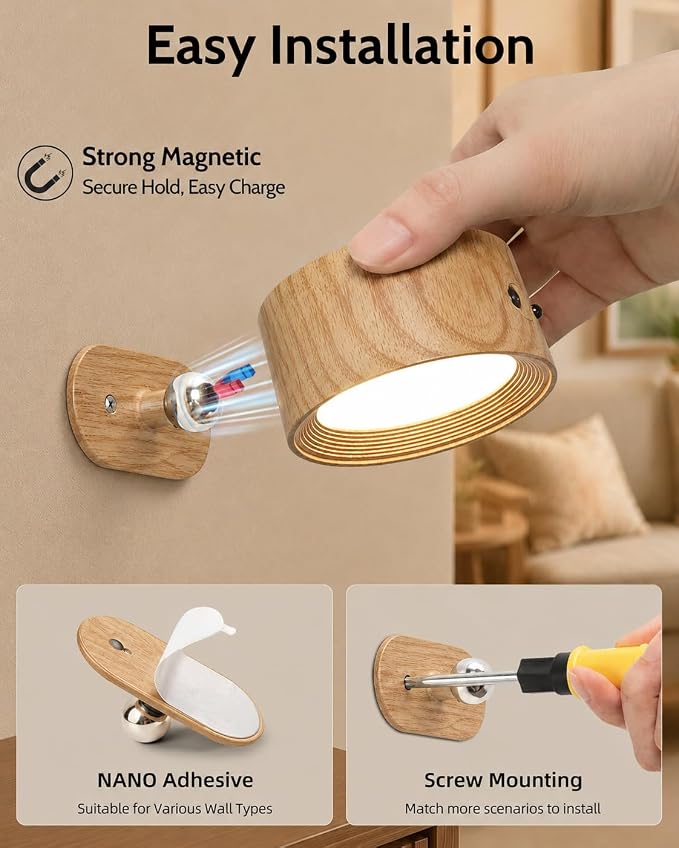 Rechargeable Wall Sconces with Remote, Magnetic Wall Lights, Wood 2 Pack | 3 Color Temperatures, Remote and Touch Control, 360° Rotating and Dimmable for Living Room & Bedroom