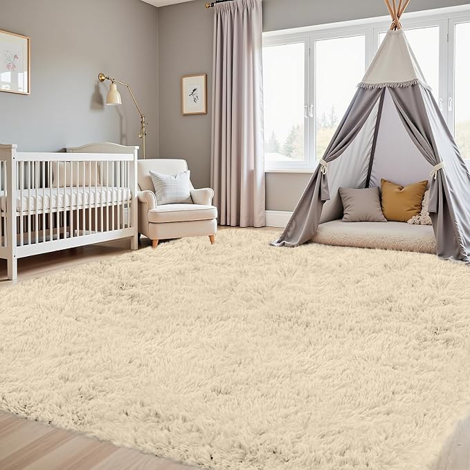 4x6 Fluffy Shag Area Rugs for Living Room Bedroom: Soft Plush Carpet Beige | Upgraded Non-Slip Thick Memory Foam, Ultra Soft, Non-Shedding Fuzzy Carpet, Easy Clean Decor for Kids Room, Nursery, Playroom