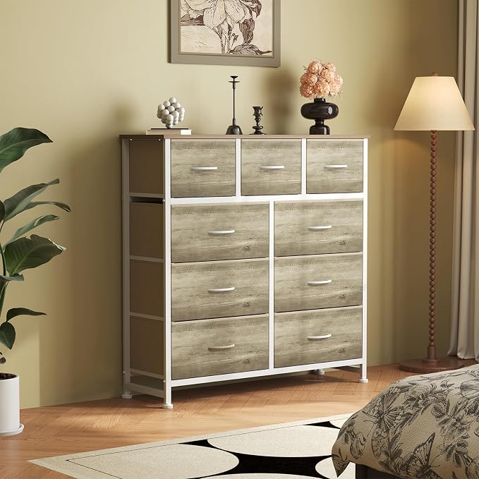 OLIXIS 9 Drawer Tall Dresser for Bedroom, Closet Organizers and Storage | Fabric Dresser with Wooden Top, Chest of Drawers for Clothes Storage, Tower Cabinet, Furniture, TV Stand, Oak Greige