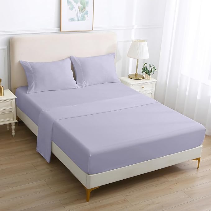 Softan Microfiber King Sheet Set with Non-Slip Corner Straps, Voilet | 15" Deep Pocket Fitted Bed Sheets, Double Brushed Microfiber, Sheets & Pillowcase for All Season