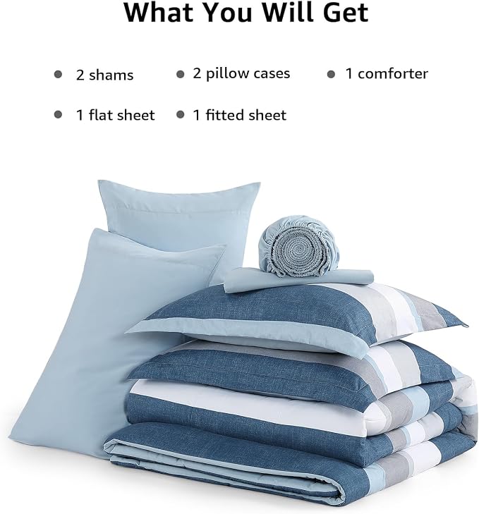 Monbix King Size Comforter Set-7 Pieces Soft Bed in a Bag King Bedding Set | All Season Sailor Blue Striped Reversible Comforter with Sheets, Pillowcases & Shams