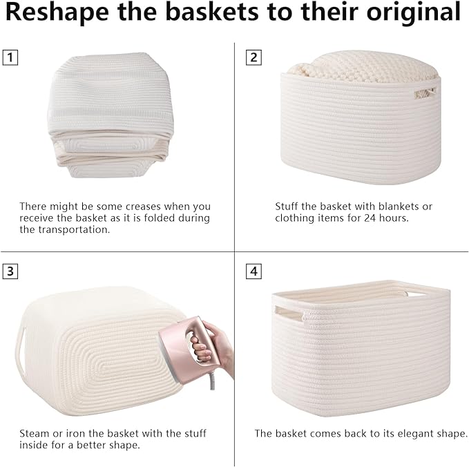 OIAHOMY 4 Pack Storage Baskets for Organizing 15L Cube Storage Bins White | Woven Baskets for Storage Rectangle Small Baskets With Handles Baskets for Shelves Wicker Baskets for Shelves 12.7x9x7.8inch