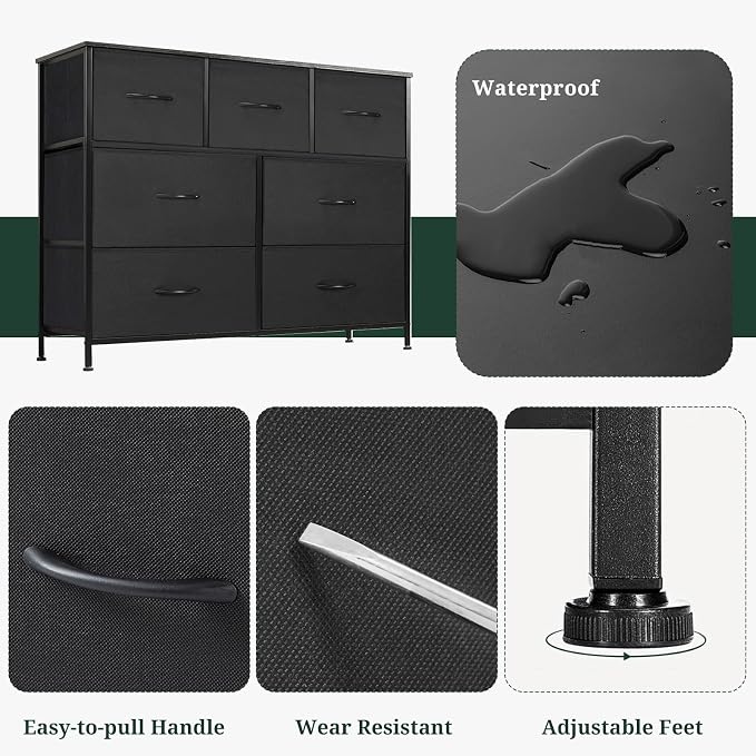7-Drawer Dresser for Bedroom, Anti-Tip Wide Storage Organizer Fabric | Chest of Drawers TV Stand for 45" TV with Wooden Top and Metal Frame for Closet, Living Room, Hallway, Entryway, Black