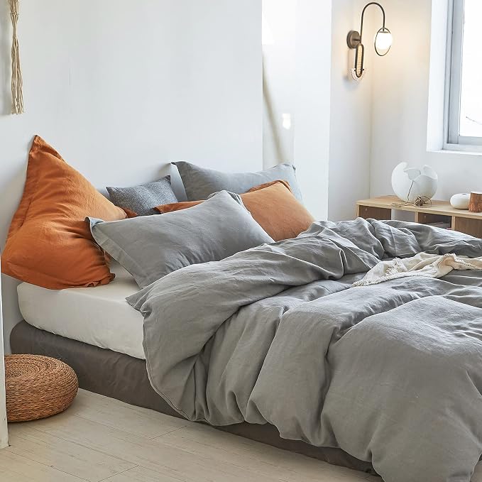 Simple&Opulence 100% Linen Duvet Cover Set 3pcs Basic Style Natural French Washed Flax Solid Color Soft Breathable Farmhouse Bedding with Button Closure - Ultimate Grey, King