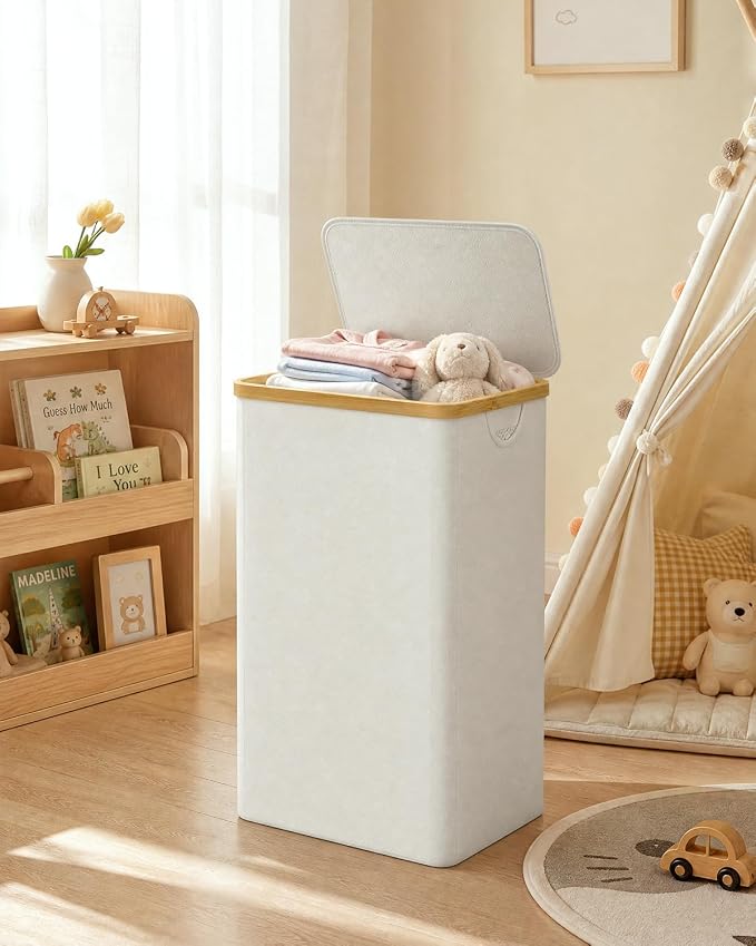 IEGrow Laundry Hamper with Lid,110L Laundry Basket with Mesh Bags,Beige | Dirty Clothes Hamper Basket with Bamboo Handle for Clothes Towels
