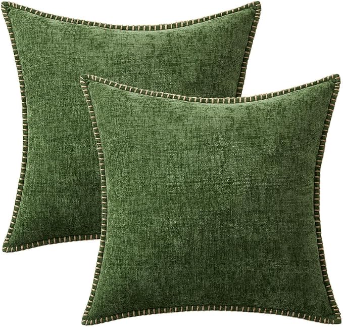 MIULEE Decorative Couch Throw Pillow Covers 20x20 Inch Forest Green 2 Pack | Farmhouse Pillow Covers with Stitched Edge, Soft Chenille Cushion Cases, for Sofa Bed Living Room Home Decor, Moss Green