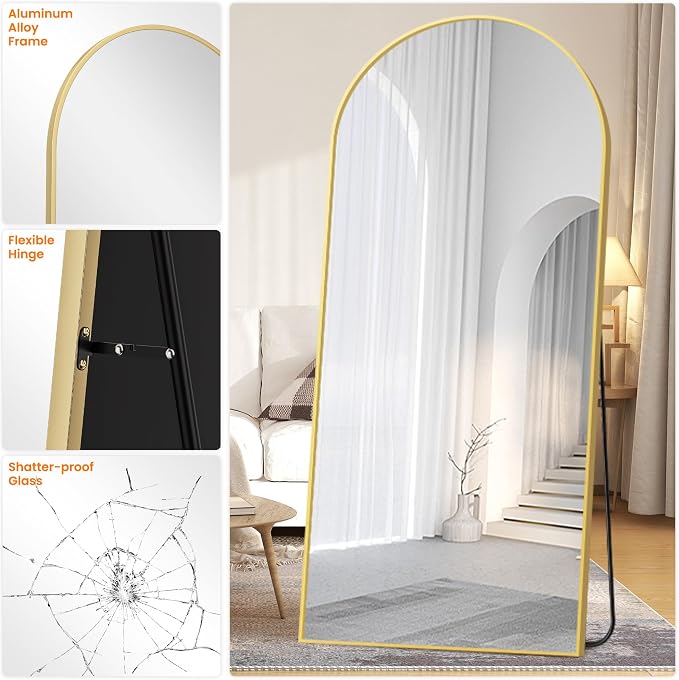 Arched Full Length Mirror, 75"x35" Standing Body Mirror for Wall, Gold | Built-in Stand, HD Shatterproof Glass, Aluminum Alloy Frame, Hanging or Standing, for Bedroom, Living Room & Dressing Room