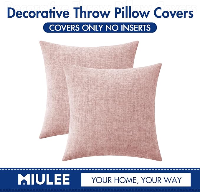 MIULEE Soft Chenille Throw Pillow Covers Pink 20x20 Inch Pack of 2 | Modern Home Decor, Classic Decorative Pillows, Solid Dyed Cases, Boho Couch Cushion Covers for Sofa Bed Living Room