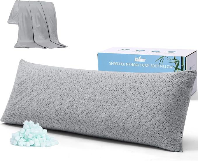 Rainmr Extra Long Body Pillow Memory Foam 160x50cm – Body Pillows for Anime Pillowcase – with Cooling Gray Pillow Cover 20 x 63 inches