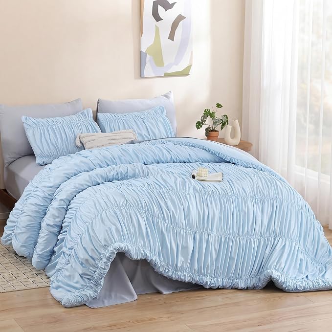 weigelia Light Blue Ruched Comforter Set King Size, Cute Girls Bedding Set | All Season, Soft Microfiber Comforter, Cozy Cinched Design for Home & Bedroom Decor (1 Comforter,2 Pillowcases)