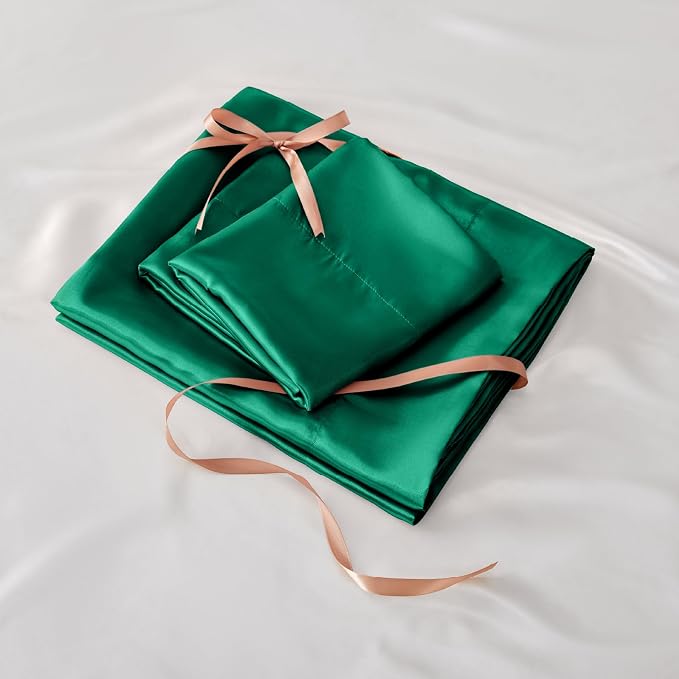 BEDELITE Satin Sheets Queen Size Bed Set, Dark Green, 4 Pieces | Luxury Silky Bed Sheets, 15 Inch Deep Pocket, Similar to Silk, Soft and Cooling, Reduces Friction, Gentle on Hair and Skin