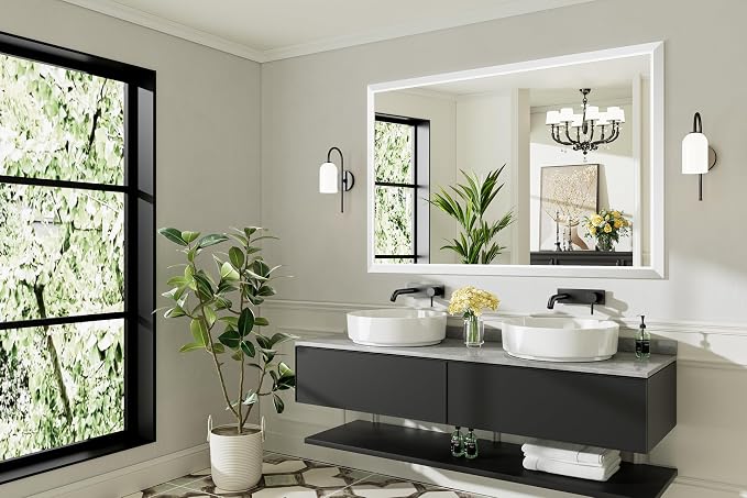 Bathroom Wall Mirror, White Metal Frame, 60x40 Inch | Anti-rust, HD tempered glass, for bathroom vanity, bedroom, living room, horizontal or vertical mount