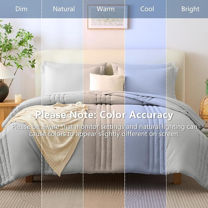 King Size Comforter Set Light Grey- 7 Pieces Bed in a Bag | OEKO-TEX Certified, 240GSM Down-Alternative Comforter, 14" Deep-Pocket Sheets, Shams & Pillowcases, Lightweight