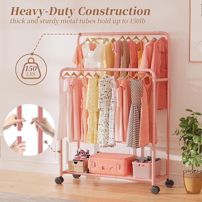 Simple Trending Clothing Clothes Rack, Double Rod Garment Rack, Pink | Portable Closet with Bottom Shelf, Anti-Slip Stoppers, 360° Lockable Wheels, Multiple Uses, Bedroom, Laundry Room