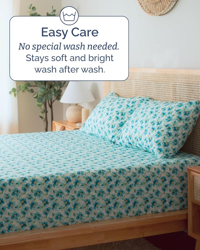 Full 4 Piece Floral Sheet Set - Breathable & Cooling - Blue Meadow Bloom | 1 Flat, 1 Fitted & 2 Pillowcases w/ Deep Pockets, Boho Botanical Floral Bedding, Breathable & Cooling, Wrinkle & Fade Free