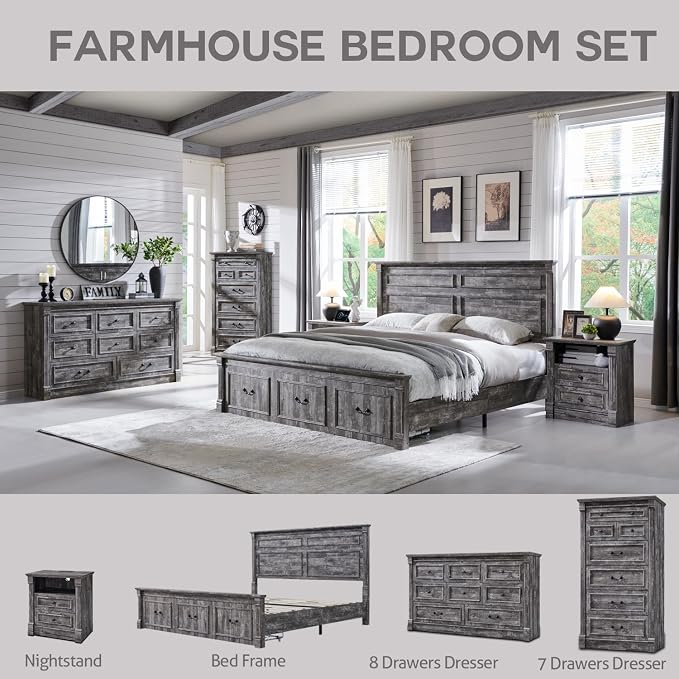 Aitjunz 26" Tall 2 Drawers Dresser for Bedroom, End Table, Light Grey | Farmhouse 23.6" Wide Large Nightstand with Charging Station, Wood Rustic Side Tablew/Roman Column for Bedroom, Living Room