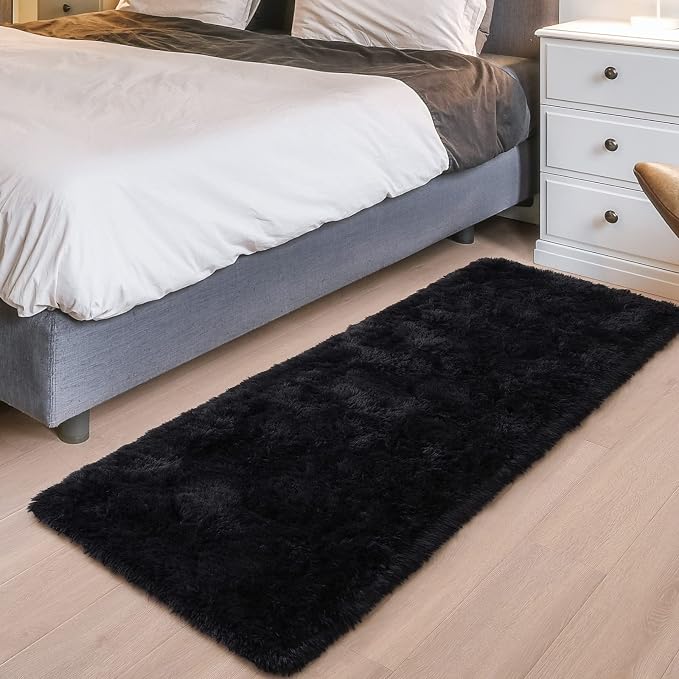 Soft Fluffy Rugs for Bedroom Living Room, 2x6 Hallway Runner Rugs, Furry Shag Bedside Area Rug Indoor Accent Floor Carpet, Plush Fuzzy Rug for Dorm Nursery Kids Room Decor, Black