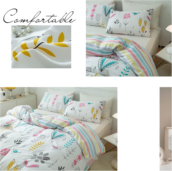 mixinni Girls Flower Leaves Pattern on White Duvet Cover Twin Size Colorful Striped Bedding Comforter Cover Set with Zipper Closure 4 Corner Ties for Teenage Girls (1 Duvet Cover + 2 Pillowcases)