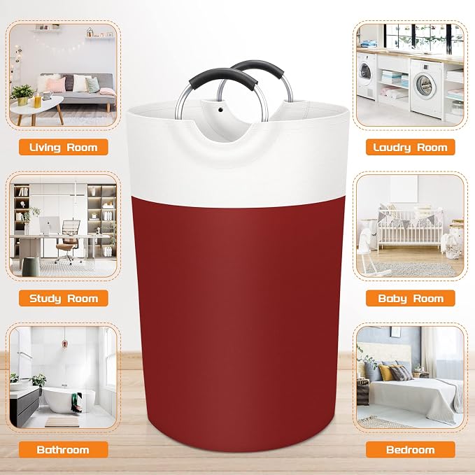 BlissTotes 115L Laundry Basket, Freestanding Collapsible Hamper, Red | Collapsible Dirty Clothes Hamper, Foldable Laundry Bag for Dorm, Waterproof Fabric, Padded Aluminum Handles