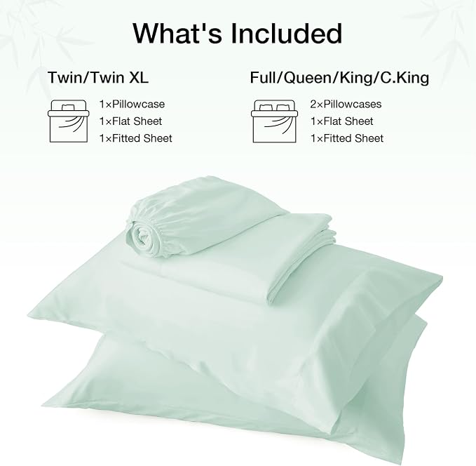 Love's cabin 4 Piece Queen Sheet Set, 100% Rayon Derived from Bamboo, Cooling & Breathable, Soft Silky Deep Pocket up to 16", Hotel Luxury Bedding for Hot Sleepers, Sea Glass