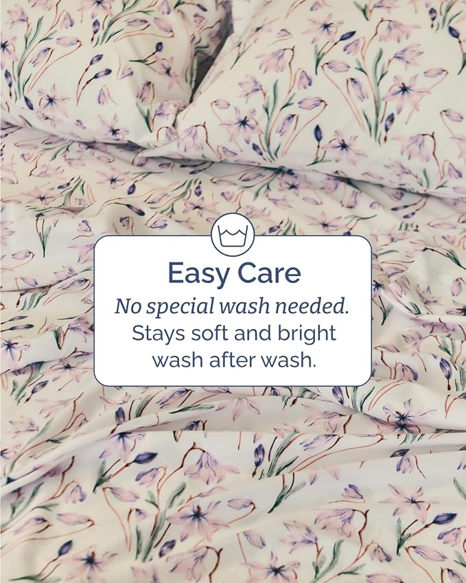 King 3 Piece Boho Botanical Floral Sheet Set - Breathable & Cooling - Iris | 1 Flat, 1 Fitted & 1 Pillowcase w/ Deep Pockets, Boho Botanical Floral Bedding, Breathable & Cooling, Wrinkle & Fade Free