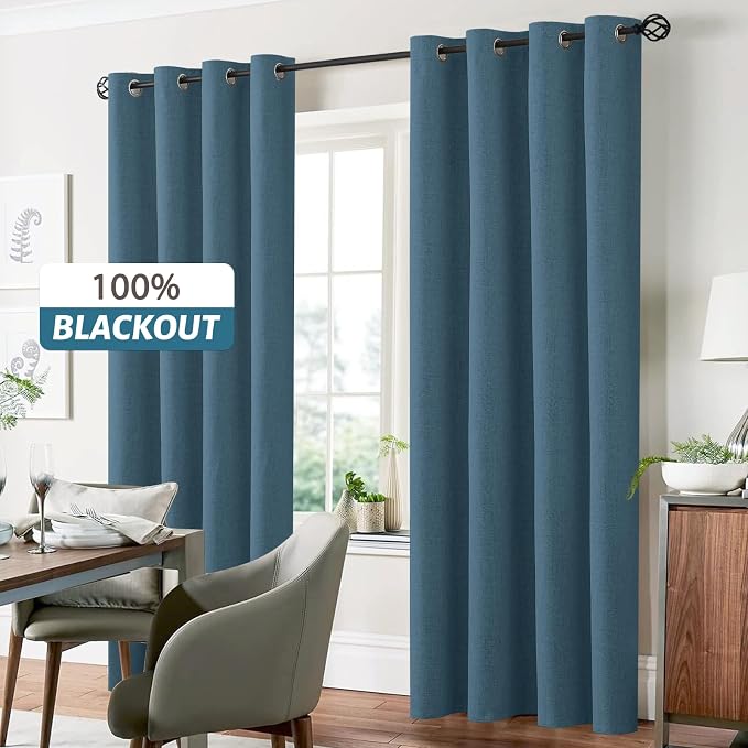 Yakamok Dusty Blue Linen Textured Curtains 96 Inches Long for Living Room | 100% Blackout Curtains,Room Darkening Curtains,Thermal Grommet Bedroom Curtain 2 Panels with Greyish White Liner,52W x 96L