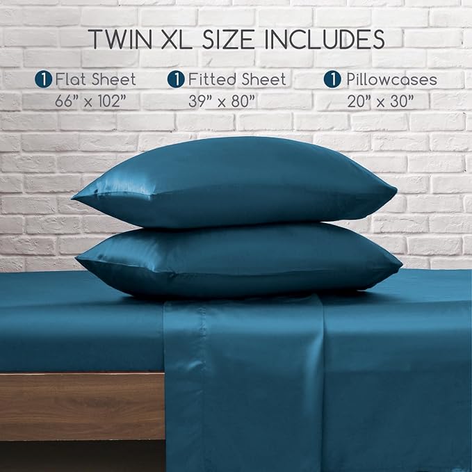 MR&HM Satin Sheets Twin XL Size with Elastic Corner Straps, Teal | Similar to Silk, 3-Piece Silky Soft Bed Sheet Set, Gentle on Skin and Hair, 15" Deep Pocket, Cooling & Breathable
