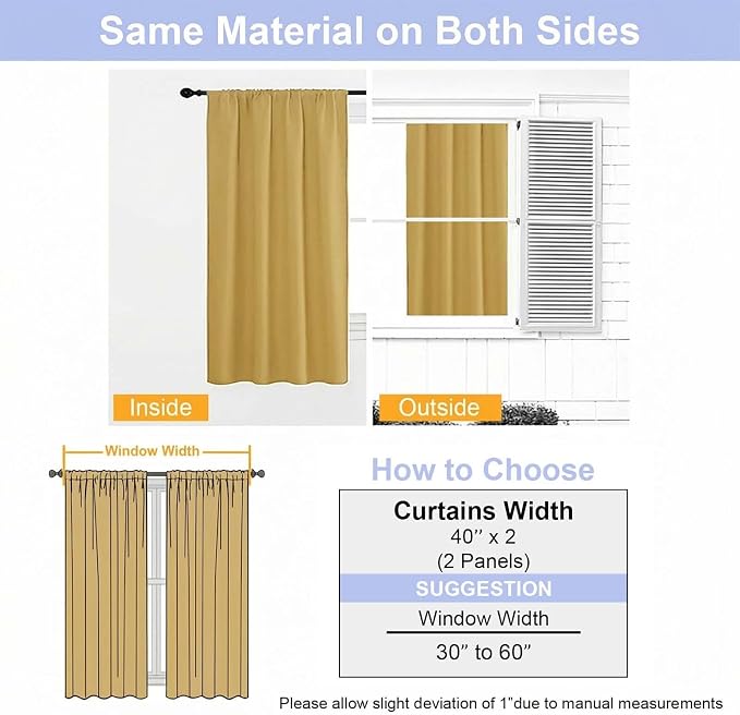 Simplebrand Ava Bright Gold Short Blackout Curtains for Bedroom 45 Inches Long 2 Panels Set, Solid Thermal Insulated, Energy Saving Window Treatment Curtains Blackout Drapes, W40 x L45 Inch