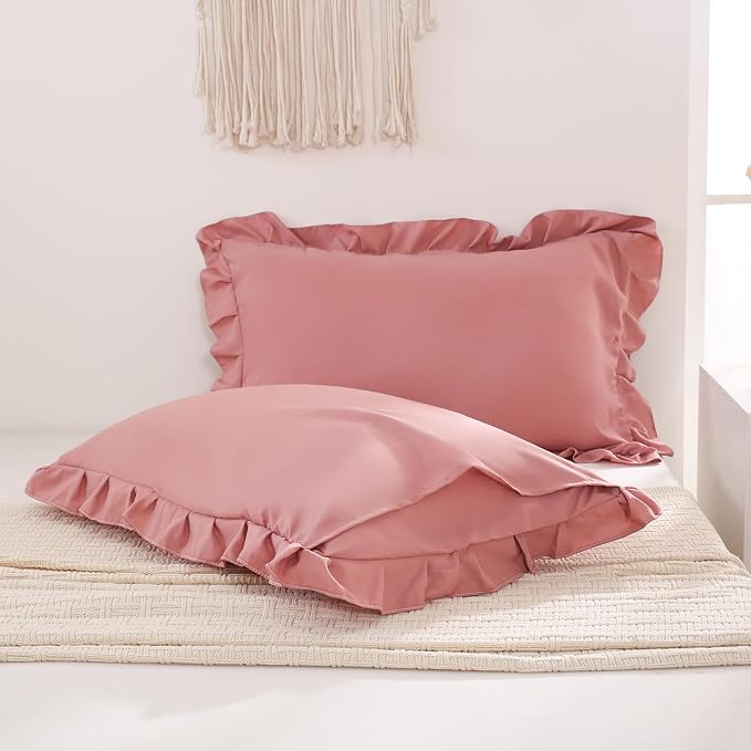 Pink Mocha Pillow Shams Cute Ruffle Queen Pillowcases Solid Pillow Cover Set of 2 Shabby Chic Soft Pink Pillowcases 2 Pack (Queen (20''x30''), Pink Mochae)