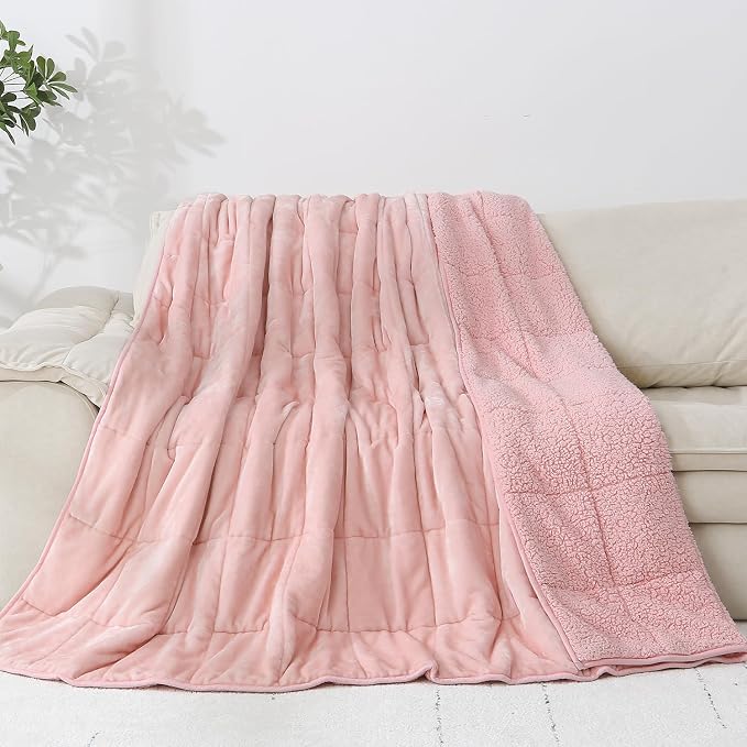 Cottonblue Pink Weighted Blankets 25lbs for Adults King Size 90"x90" Soft | Cozy Sherpa Fleece Weighted Throw Blankets for Calm Sleep Relax, Warm Fuzzy Comfort Flannel Heavy Blanket for Bed Sofa Couch