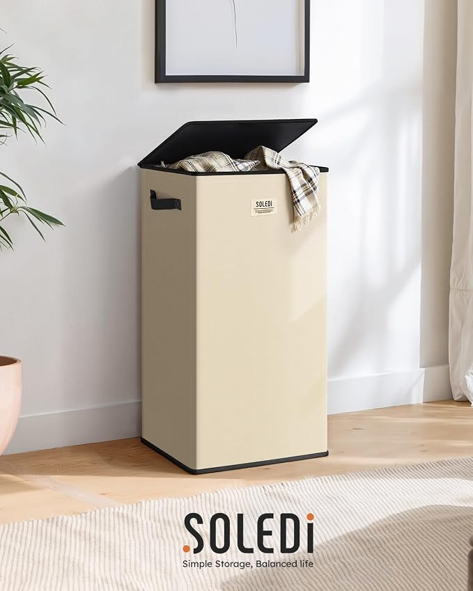 SOLEDI Laundry Hamper with Lid 100L Large & Tall Collapsible Laundry Basket, Clothes Hamper with Bag Removable Easy to Carry, Dirty Hampers for Bedroom, Bathroom, Dorm, College, Beige