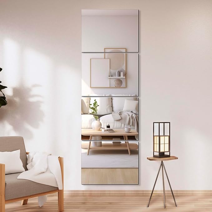 Wall Mirror Full Length, Glass, 16x12'' - 4PCS | Mirror Tiles, Full Body Mirrors for Home Gym, Over The Door, Entryway, Living Room, Bedroom