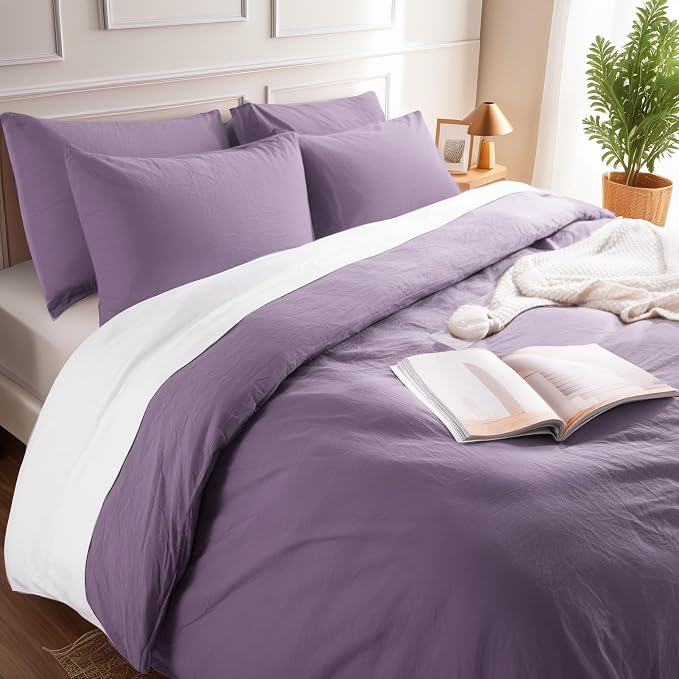 NEXHOME PRO King Duvet Cover Set, 100% Washed Cotton with Linen-Like Texture, Natural Organic, Breathable & Comfortable, Includes Home Bedding Set Dusty Purple (No Comforter) 10490