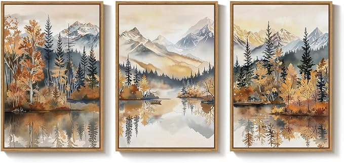 Framed Mountain Forest Landscape Wall Art for Living Room, 3 Piece, 24x36 | Orange neutral, Autumn scenic, Nature, Lake reflection, Pine tree print, Dining room, Hallway, Bedroom decor, Home office
