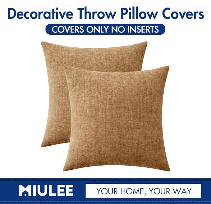 MIULEE Chenille Fall Throw Pillow Covers Apricot Brown 18x18 Pack of 2 | Modern Fall Home Decor, Classic Decorative Pillows, Solid Dyed Cases, Boho Couch Cushion Covers for Sofa Bed Living Room