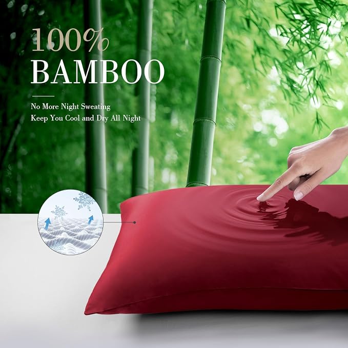 WishSmile Cooling King Pillowcases Set of 2 Breathable Cool Silky Soft Rayon Derived from Bamboo Fabric, Moisture Wicking for Hot Sleepers, Hair and Skin Friendly, Red, 2 Pack, 20x36IN