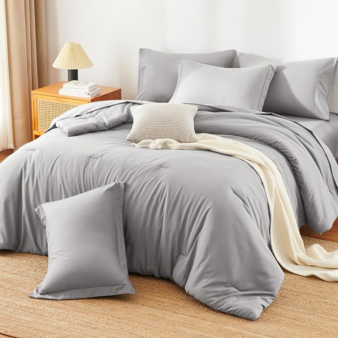 HIMEET King Comforter Set, 7-Piece Point-Quilted Bed in a Bag, French Grey | OEKO-TEX Certified, Lightweight 240 GSM Comforter, Flat Sheet, 14-Inch Deep-Pocket Fitted Sheet, Pillowcases & Shams
