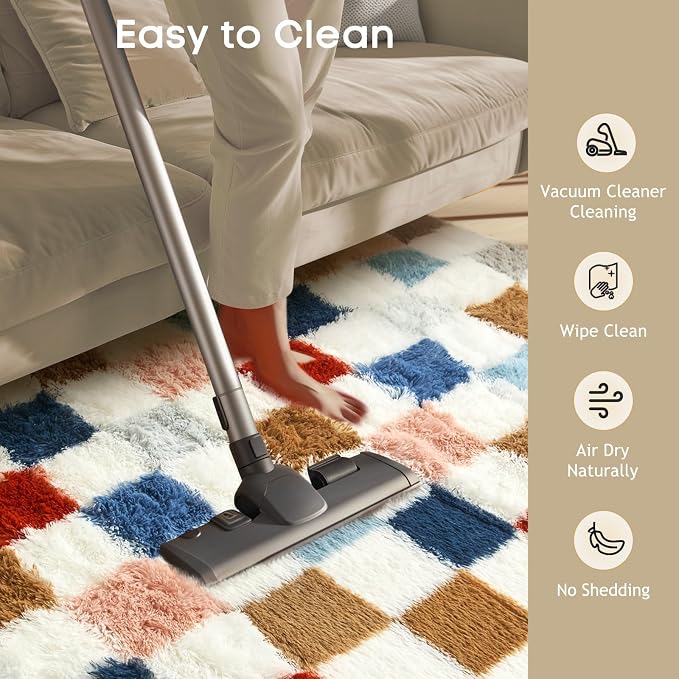 Ophanie Checkered Rainbow Rug for Living Room Bedroom,Colorful Fluffy Soft Cute Fuzzy Area Rugs,Shag Plush Shaggy Bedside Floor 4x6 Furry Carpet Kids Baby Teen Dorm Decor with Over 99 pcs Pile fibers