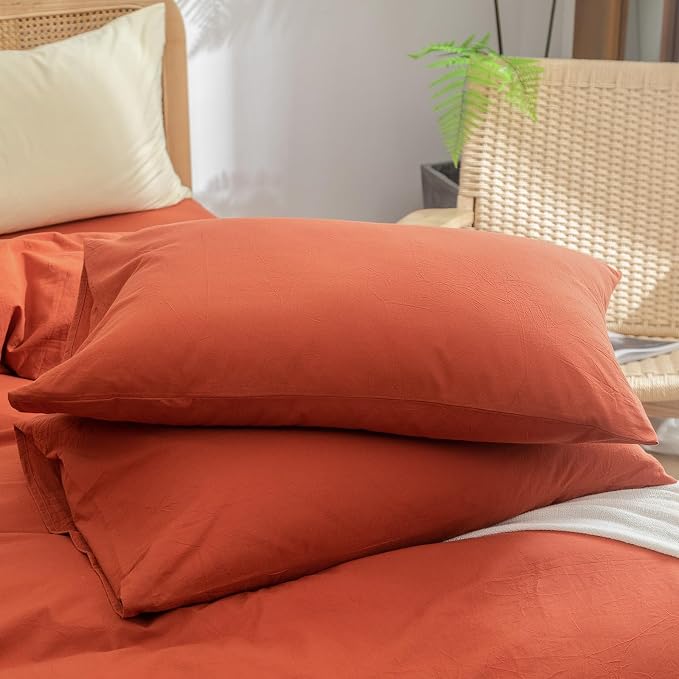 BESTOUCH Cotton Solid Duvet Cover Set Linen Feel Burnt Brick Red Full | 100% Washed Cotton, Soft Wrinkle Texture, Hidden Zipper, 8 Ties, Breathable Lightweight Durable Comfy, 3 Pcs No Insert