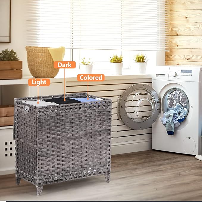 Laundry Hamper with 3 Removable Liner Bags, 132L Laundry Sorter with Lid | Raised Feet; Side Carry Handles; Handwoven PP Rattan; Rust-Resistant Iron Frame; Decorative Woven Design