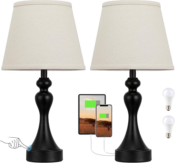 Touch Lamps for Nightstand, 3 Way Dimmable Bedside Lamps with USB C+A Ports | Touch Control, LED Bulb Included, Small Black Table Lamp for Bedroom, Night Stands, End Table, Gift,Corded