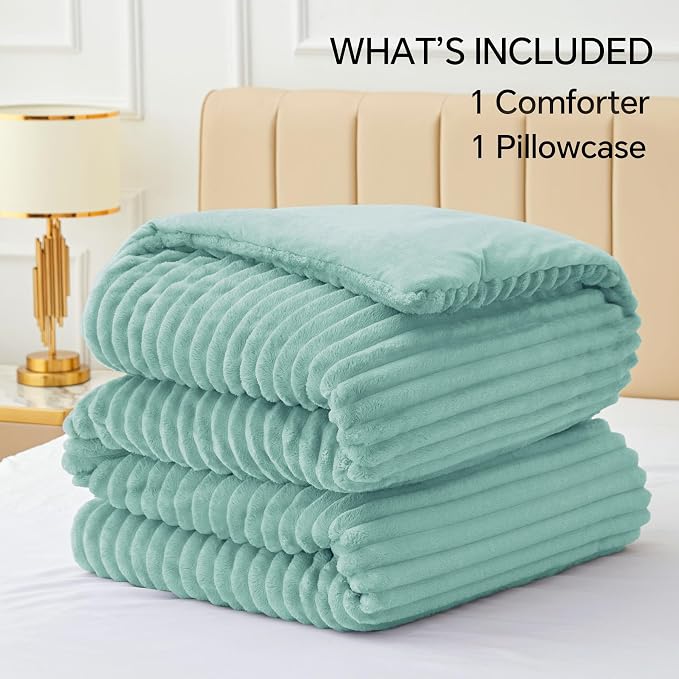 BEDELITE Fleece Twin/Twin XL Comforter Set, Fluffy Bed Set, Haze Blue | Super Soft & Warm Bedding, Luxury Fuzzy Faux Fur Comforter for Winter, Heavy Plush Bedding, with 1 Pillowcase