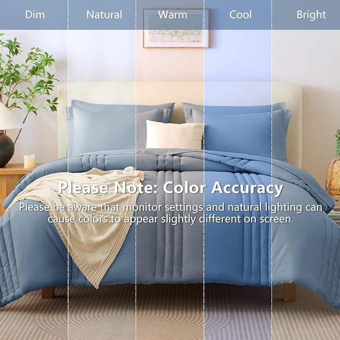 Oversized Queen Comforter Set Grayish Blue- 7 Pieces Bed in a Bag | OEKO-TEX Certified, 240GSM Down-Alternative Comforter, 14" Deep-Pocket Sheets, Shams & Pillowcases, Lightweight