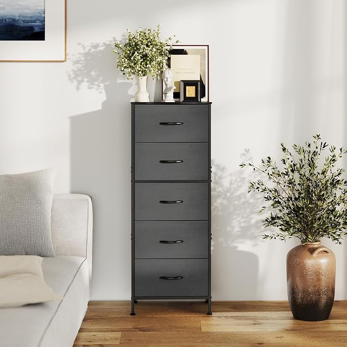 DUMOS Nightstand with 5 Drawers, Bedside Table with Removable Fabric Bins, Sturdy Steel Frame Wood Skinny Dresser Furniture for Bedroom Closet Living Room, Grey