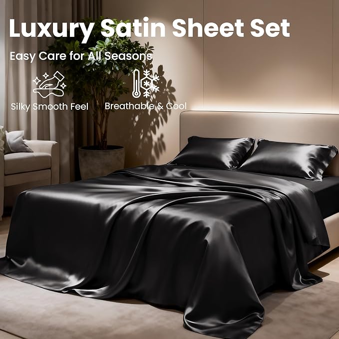 Love's cabin Twin XL Satin Sheet Sets - 3 Piece Black Silky Bed Sheets with Deep Pockets, Luxury Silk Feel Satin Sheet Set Twin XL (1 Flat Sheet,1 Fitted Sheet,1 Pillow case)