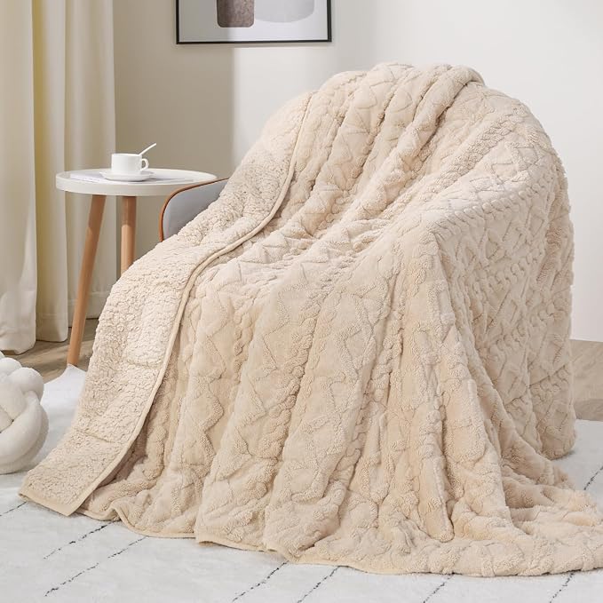 Drewin Weighted Blanket Queen Size 15lbs for Adults, Beige, 60 x 80 inches | Soft Jacquard Sherpa,Fluffy Cozy Sofa Throw Blankets for Sleep Natural and Calming,Machine Washable,Filled with Glass Beads