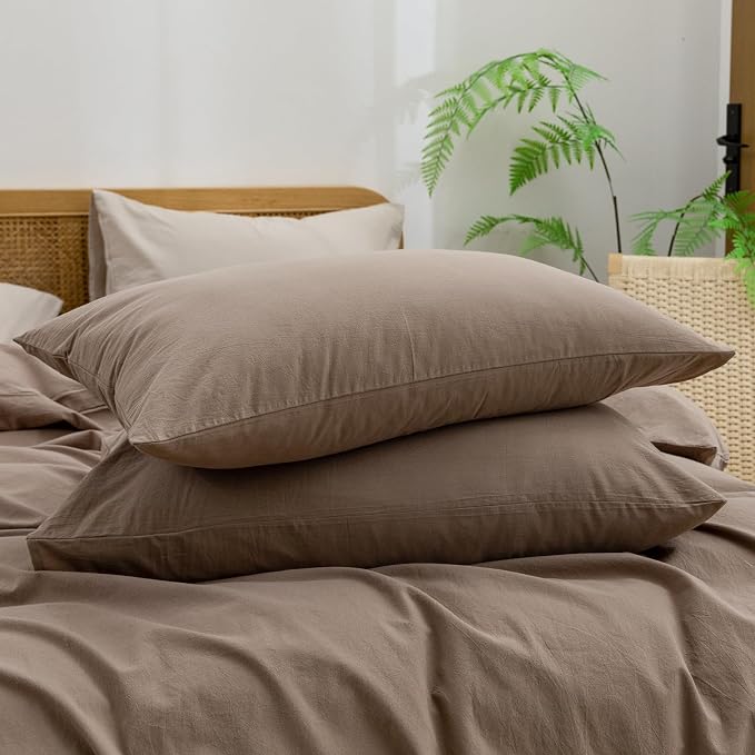 BESTOUCH Cotton Solid Duvet Cover Set Linen Feel Pine Bark Brown Twin | 100% Washed Cotton, Soft Wrinkle Texture, Hidden Zipper, 8 Ties, Breathable Lightweight Durable Comfy, 2 Pcs No Insert